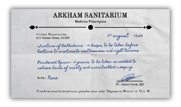 Arkham Sanitarium Prescription handout template