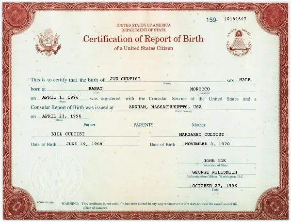 Certification of Report of Birth handout template